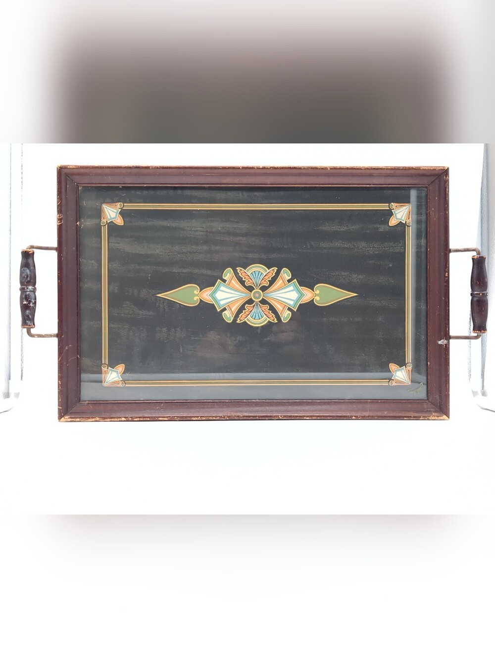 Vintage Decorative Glass Top Serving Tray with - Black & Green